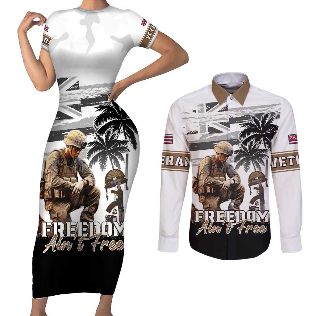 Hawaii Veterans Day Couples Matching Short Sleeve Bodycon Dress and Long Sleeve Button Shirt Honor The Fallen Flag Grunge Style LT05 White - Polynesian Pride