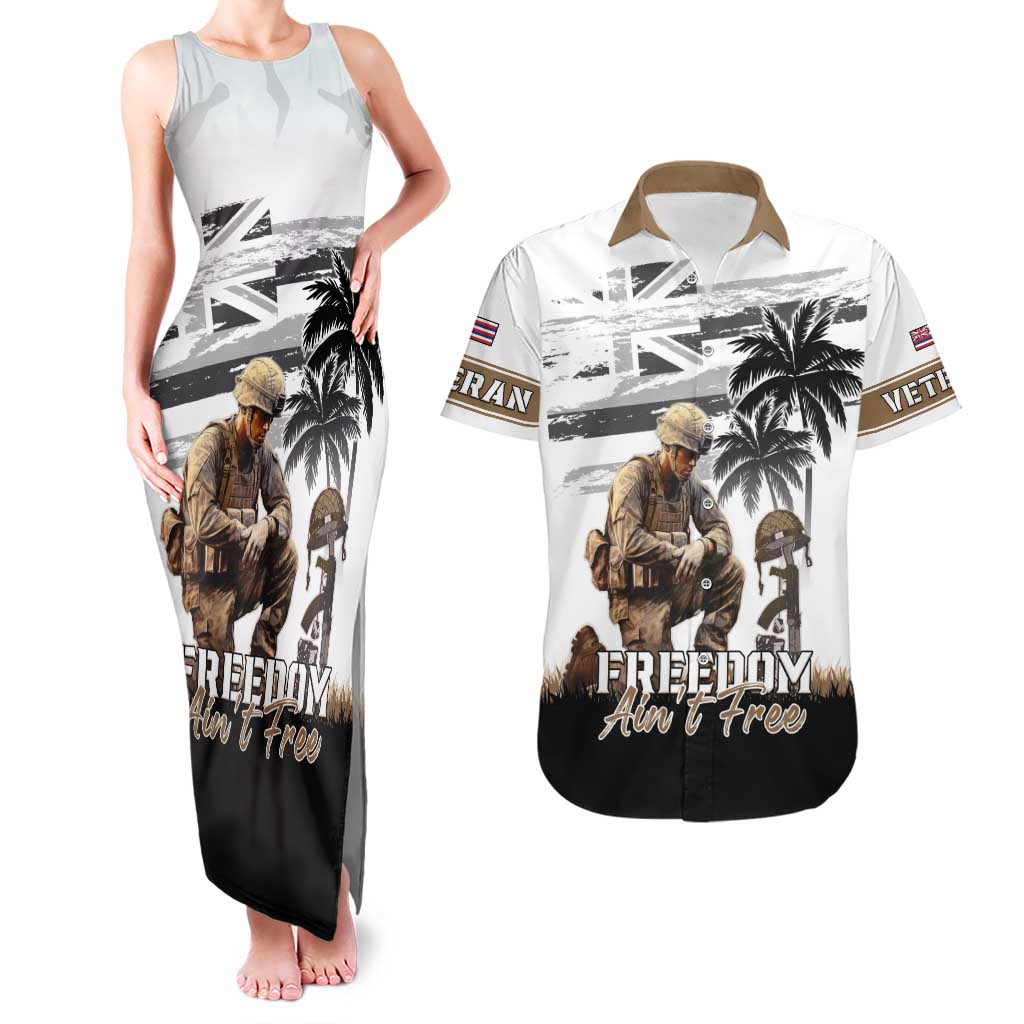Hawaii Veterans Day Couples Matching Tank Maxi Dress and Hawaiian Shirt Honor The Fallen Flag Grunge Style LT05 White - Polynesian Pride