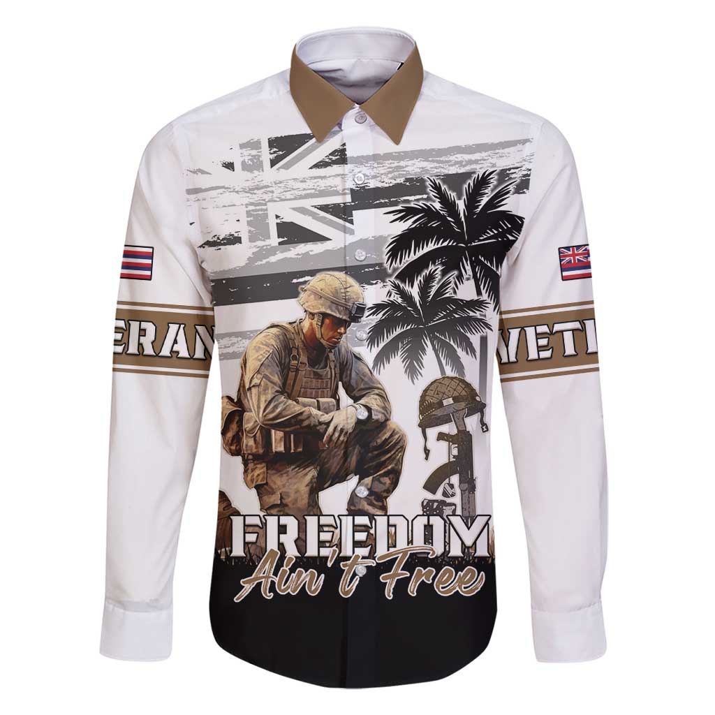 Hawaii Veterans Day Family Matching Mermaid Dress and Hawaiian Shirt Honor The Fallen Flag Grunge Style LT05 Dad's Shirt - Long Sleeve White - Polynesian Pride