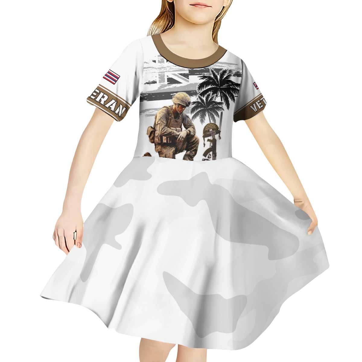 Hawaii Veterans Day Kid Short Sleeve Dress Honor The Fallen Flag Grunge Style