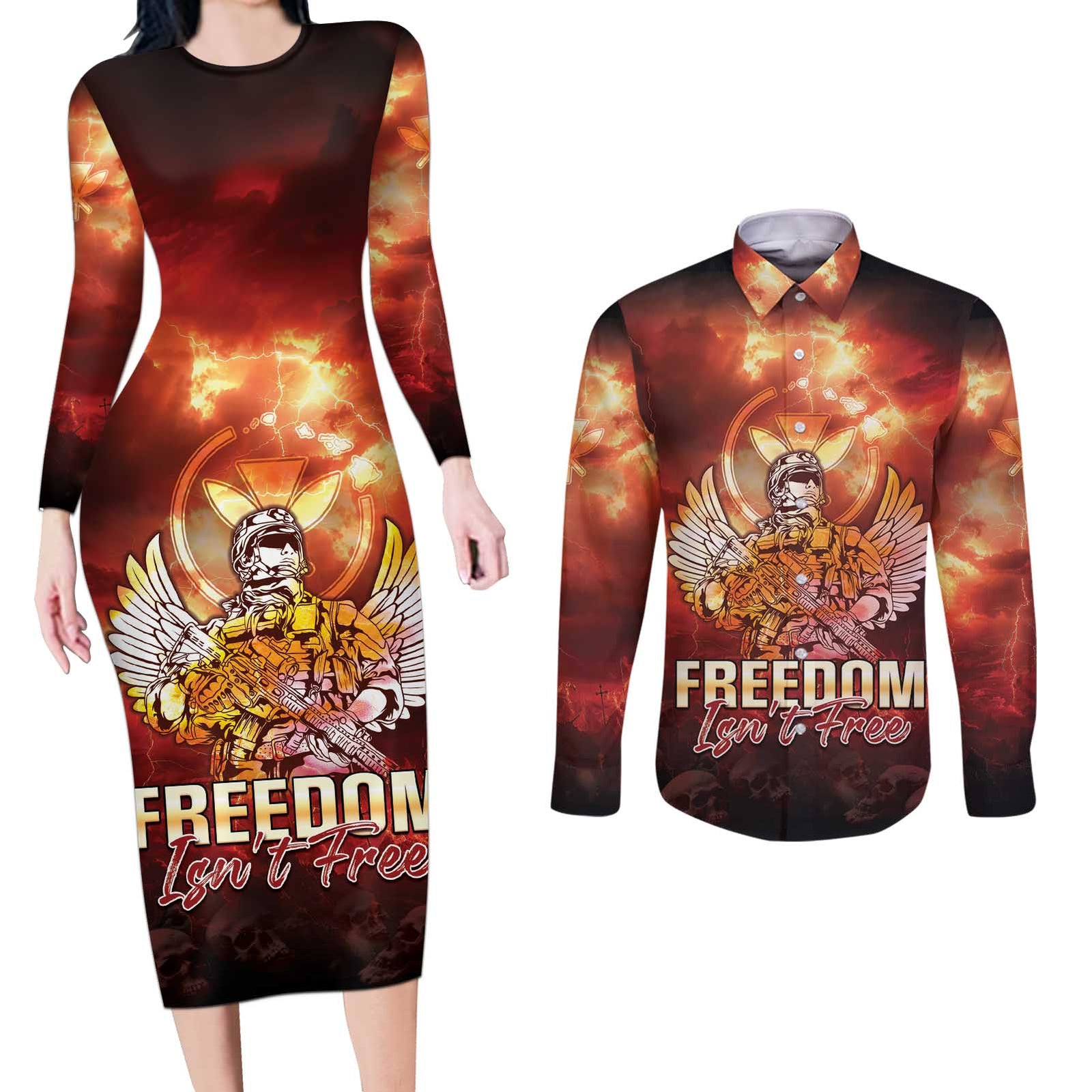 Hawaii Veterans Day Couples Matching Long Sleeve Bodycon Dress and Long Sleeve Button Shirt May We Never Forget Freedom Isn't Free LT05 Red - Polynesian Pride