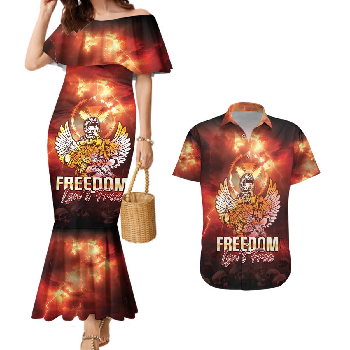 Hawaii Veterans Day Couples Matching Mermaid Dress and Hawaiian Shirt May We Never Forget Freedom Isn't Free LT05 Red - Polynesian Pride