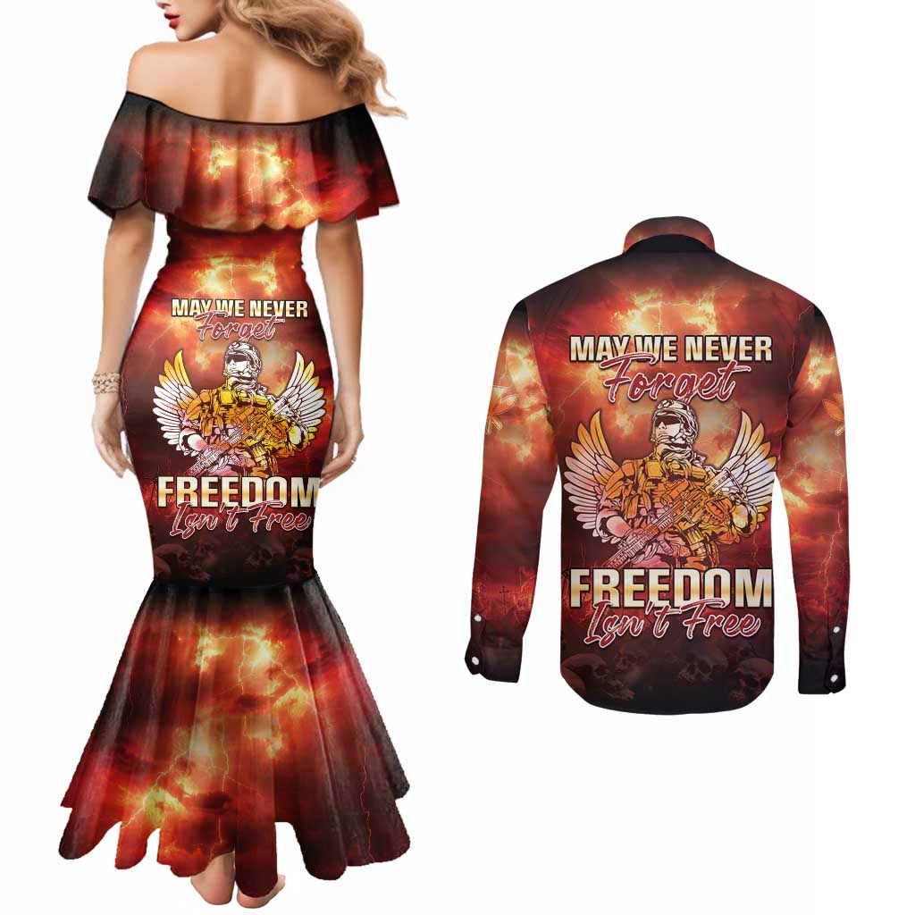 Hawaii Veterans Day Couples Matching Mermaid Dress and Long Sleeve Button Shirt May We Never Forget Freedom Isn't Free