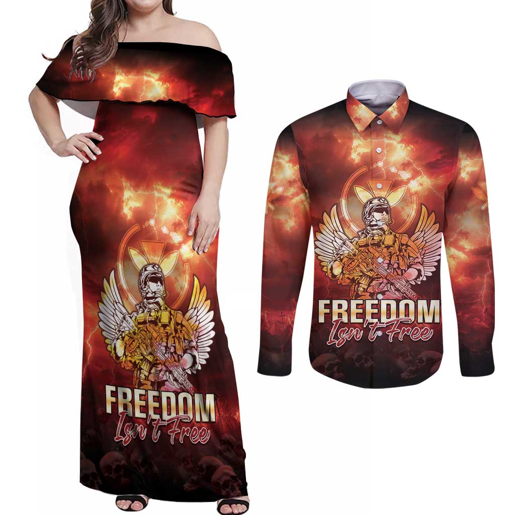 Hawaii Veterans Day Couples Matching Off Shoulder Maxi Dress and Long Sleeve Button Shirt May We Never Forget Freedom Isn't Free LT05 Red - Polynesian Pride