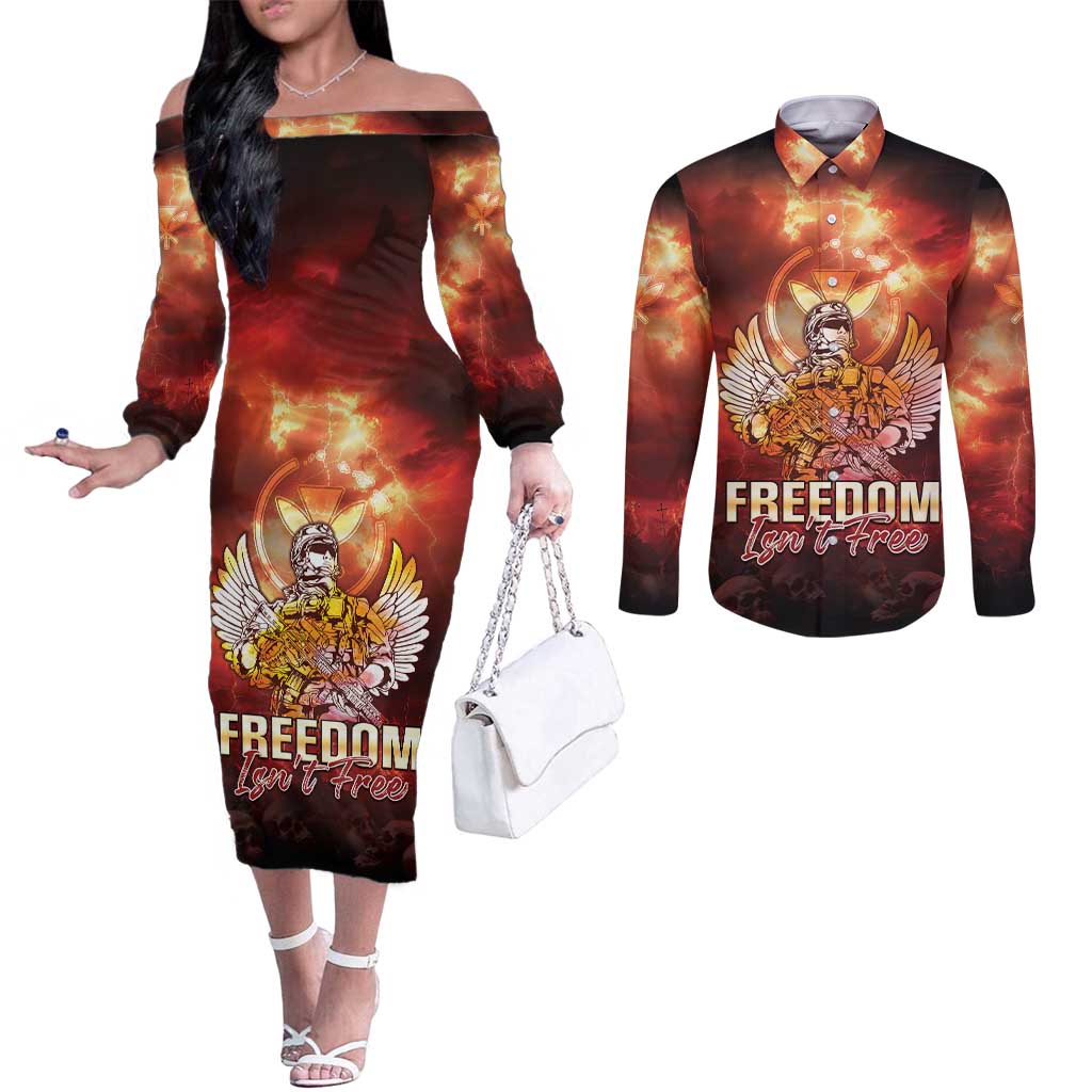 Hawaii Veterans Day Couples Matching Off The Shoulder Long Sleeve Dress and Long Sleeve Button Shirt May We Never Forget Freedom Isn't Free LT05 Red - Polynesian Pride