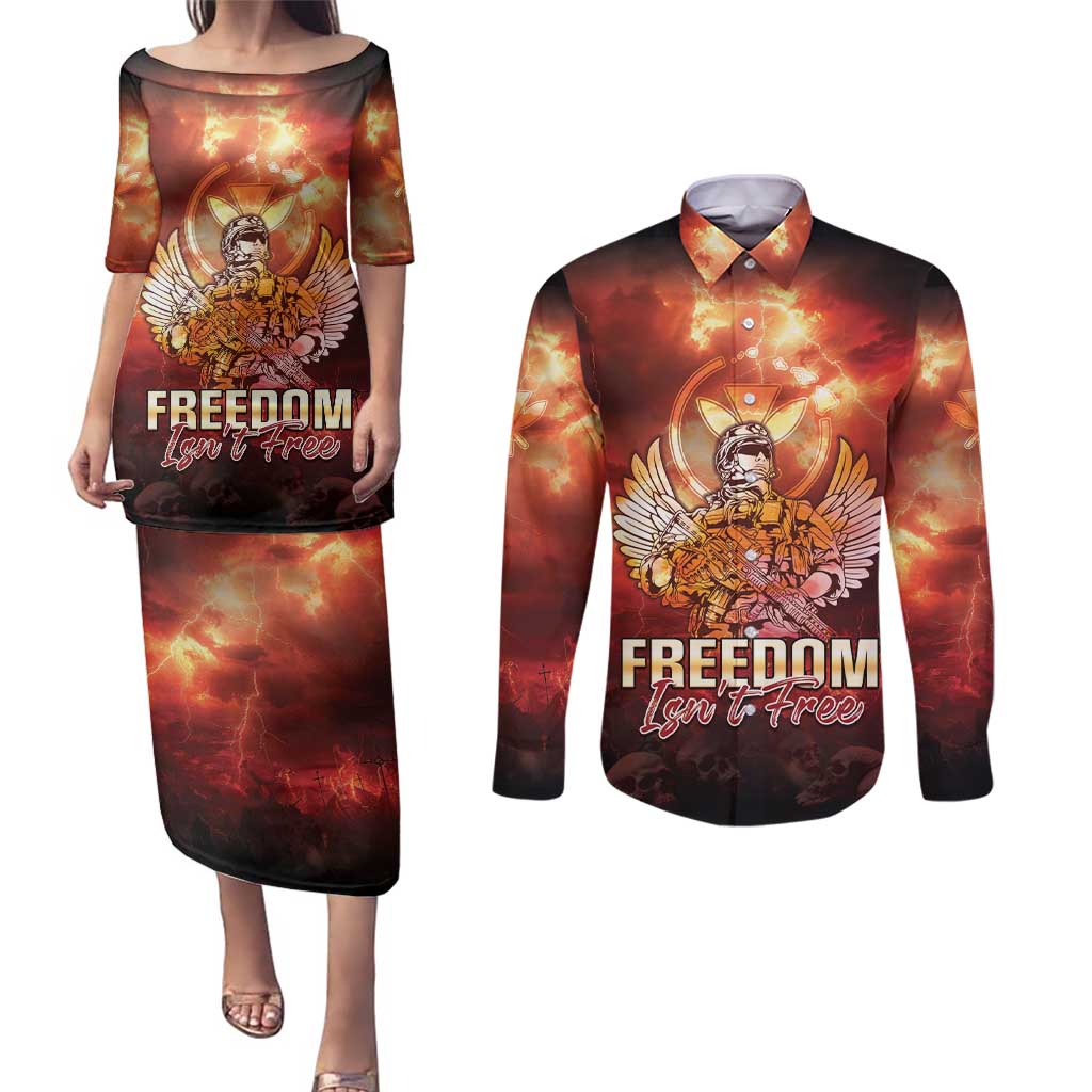 Hawaii Veterans Day Couples Matching Puletasi and Long Sleeve Button Shirt May We Never Forget Freedom Isn't Free