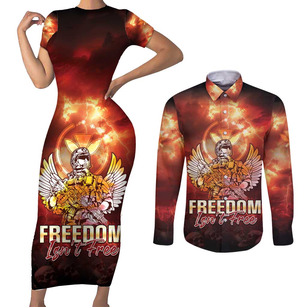 Hawaii Veterans Day Couples Matching Short Sleeve Bodycon Dress and Long Sleeve Button Shirt May We Never Forget Freedom Isn't Free LT05 Red - Polynesian Pride