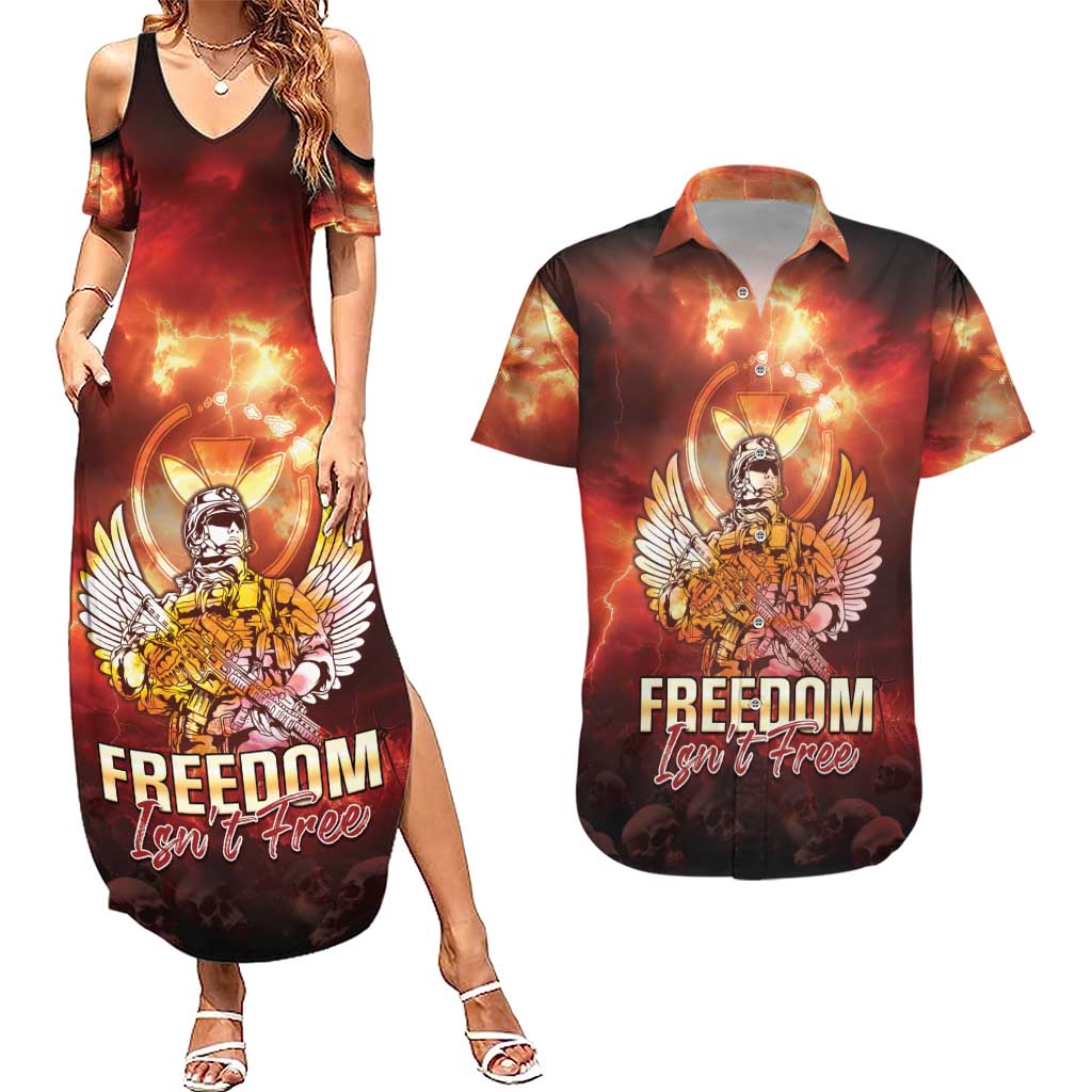 Hawaii Veterans Day Couples Matching Summer Maxi Dress and Hawaiian Shirt May We Never Forget Freedom Isn't Free LT05 Red - Polynesian Pride