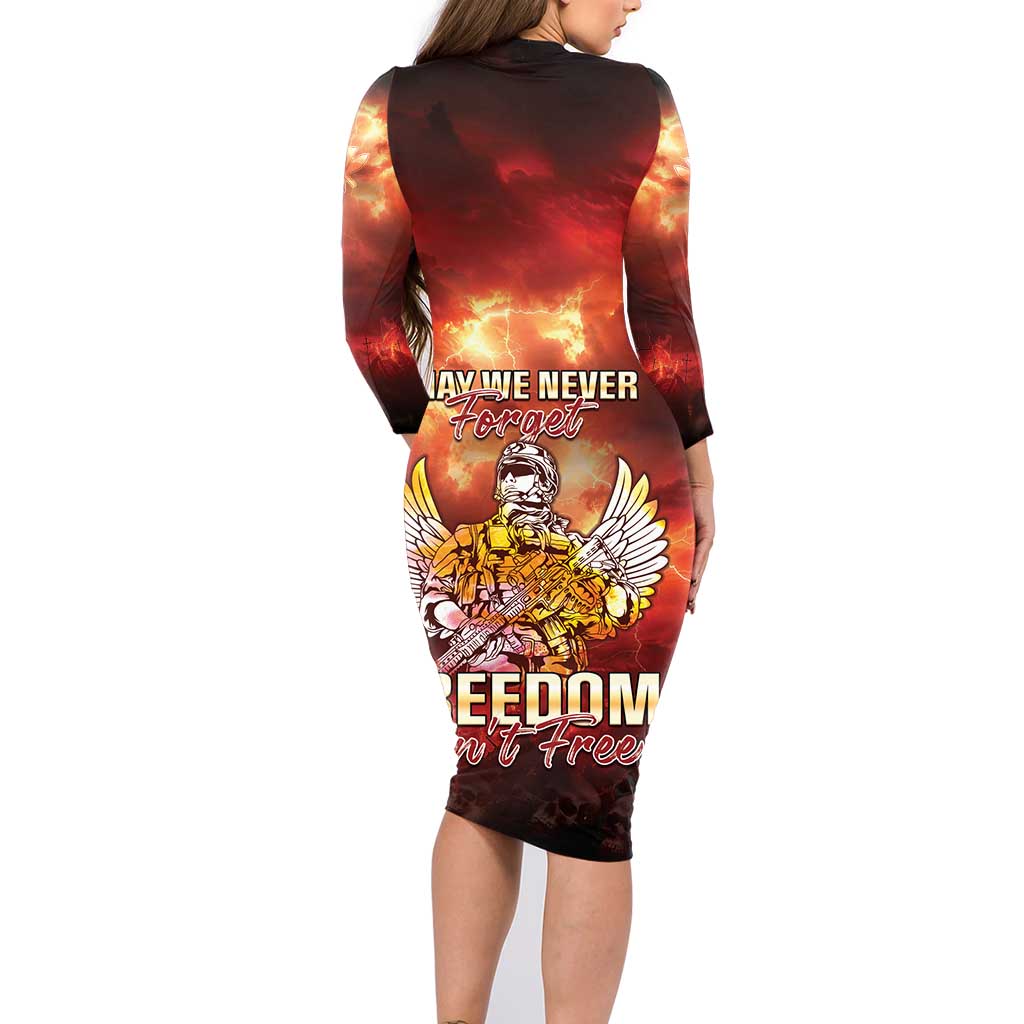 Hawaii Veterans Day Family Matching Long Sleeve Bodycon Dress and Hawaiian Shirt May We Never Forget Freedom Isn't Free