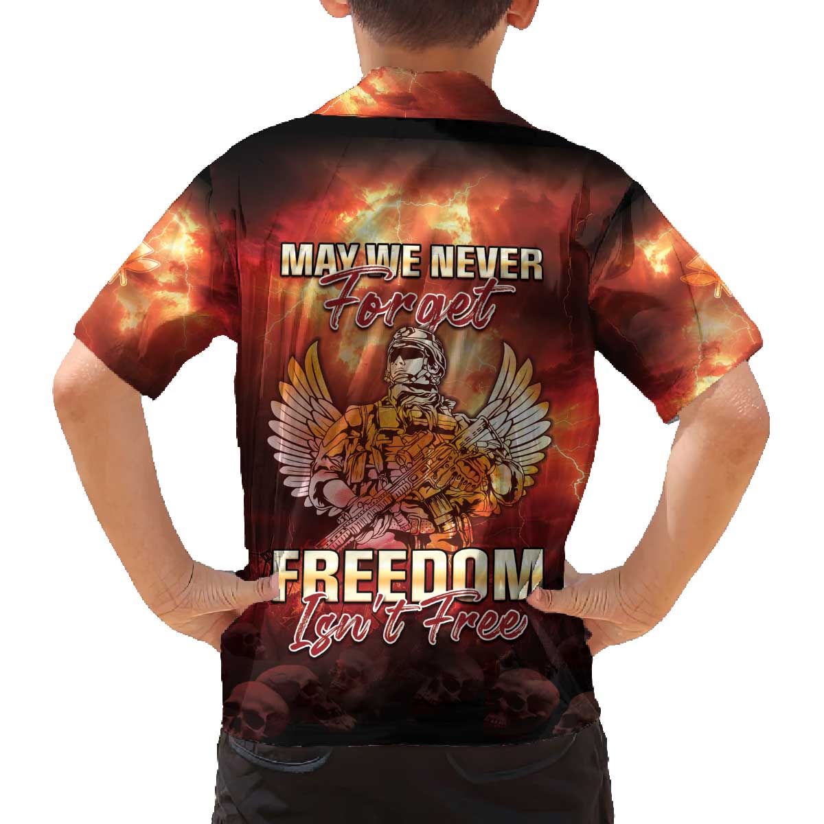 Hawaii Veterans Day Family Matching Off The Shoulder Long Sleeve Dress and Hawaiian Shirt May We Never Forget Freedom Isn't Free