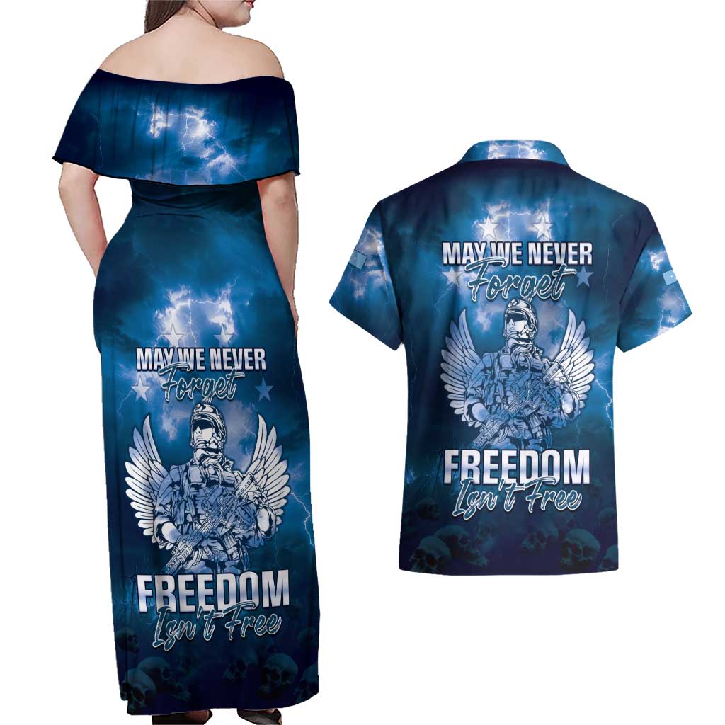 Federated States of Micronesia Veterans Day Couples Matching Off Shoulder Maxi Dress and Hawaiian Shirt May We Never Forget Freedom Isn't Free