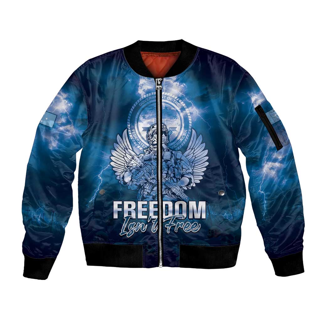 Federated States of Micronesia Veterans Day Sleeve Zip Bomber Jacket May We Never Forget Freedom Isn't Free LT05 Unisex Blue - Polynesian Pride