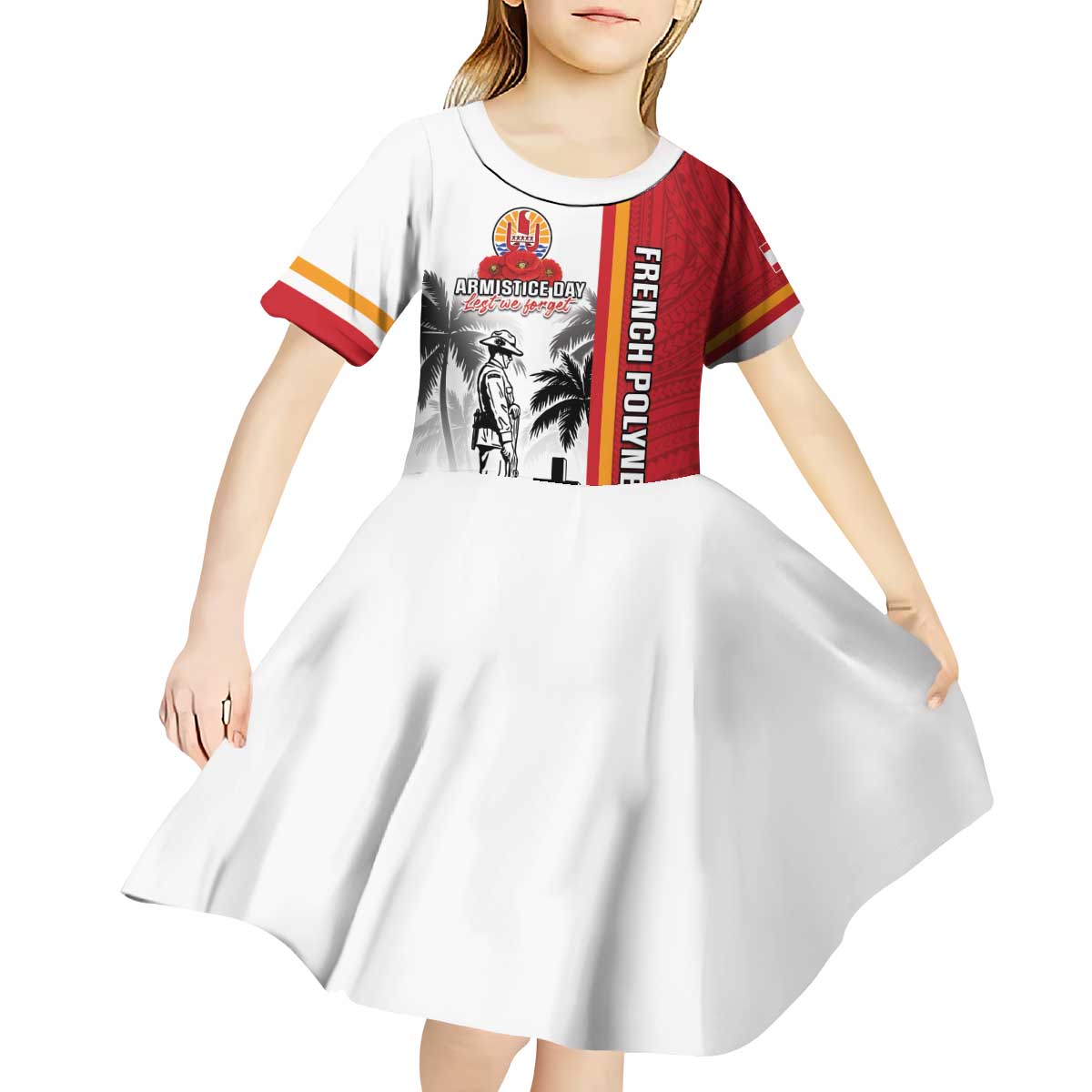 French Polynesia Armistice Day Kid Short Sleeve Dress Lest We Forget Flag Style