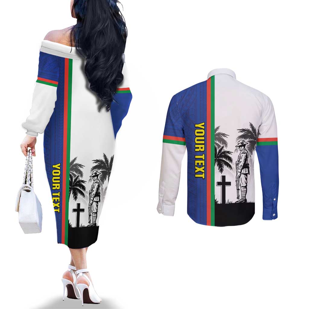 New Caledonia Armistice Day Couples Matching Off The Shoulder Long Sleeve Dress and Long Sleeve Button Shirt Lest We Forget Flag Style