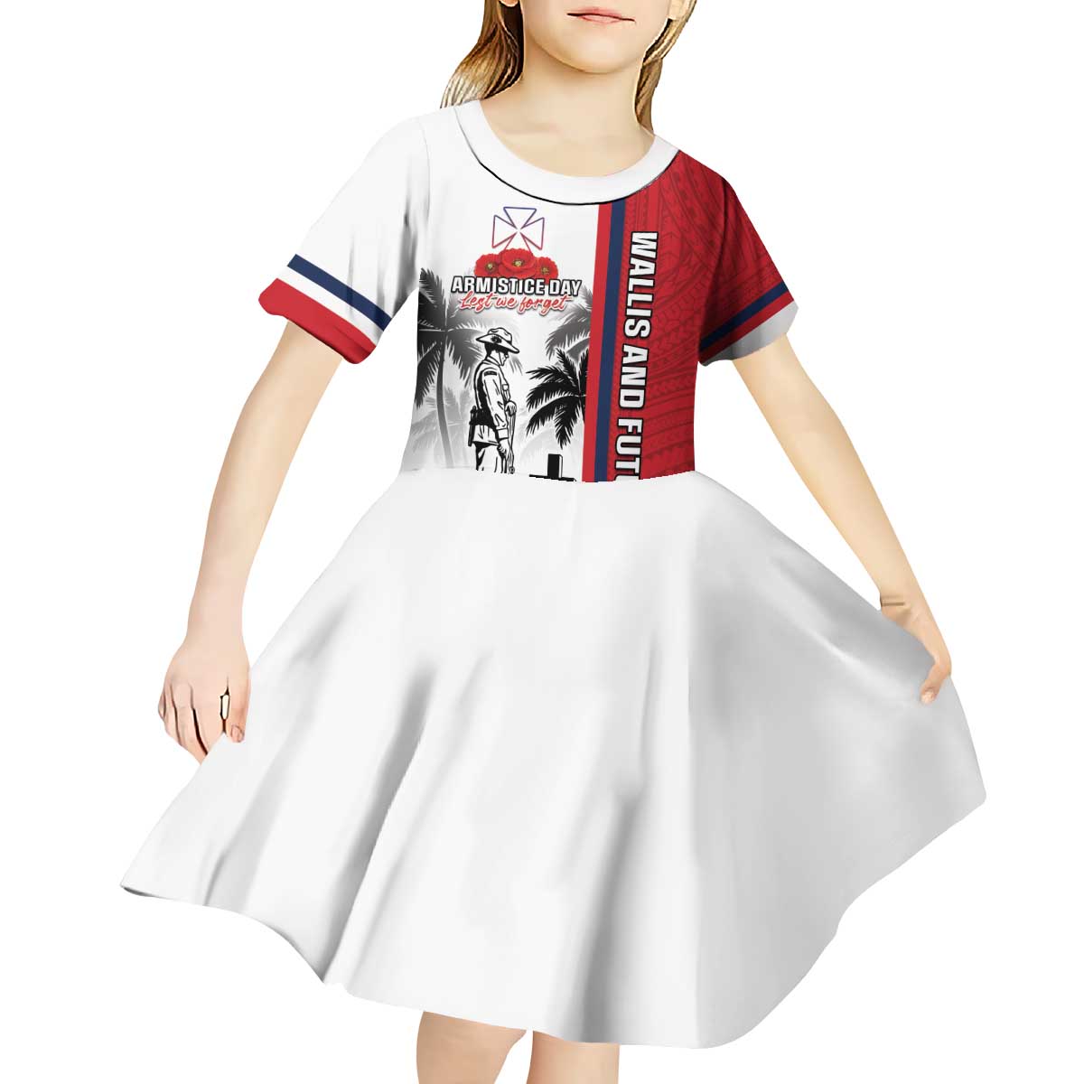 Wallis and Futuna Armistice Day Kid Short Sleeve Dress Lest We Forget Flag Style