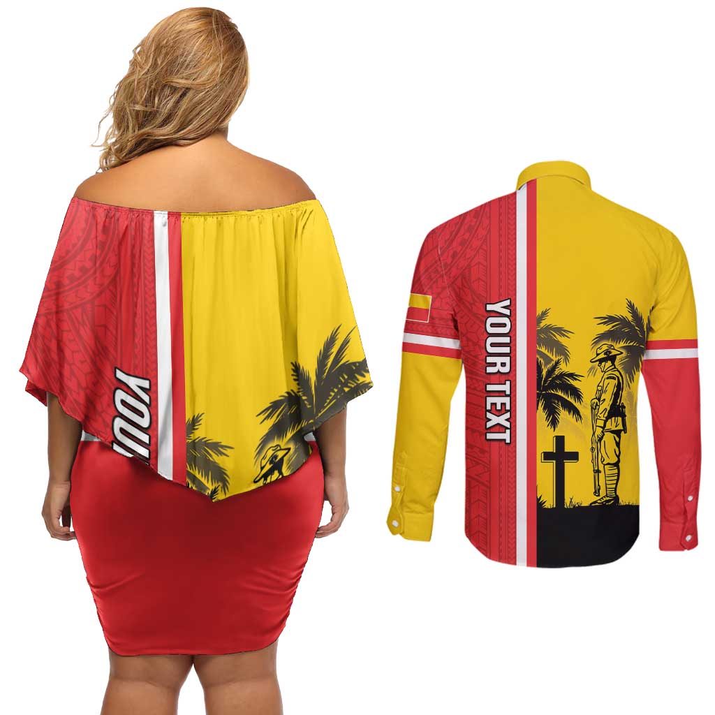 Marquesas Islands Armistice Day Couples Matching Off Shoulder Short Dress and Long Sleeve Button Shirt Lest We Forget Flag Style