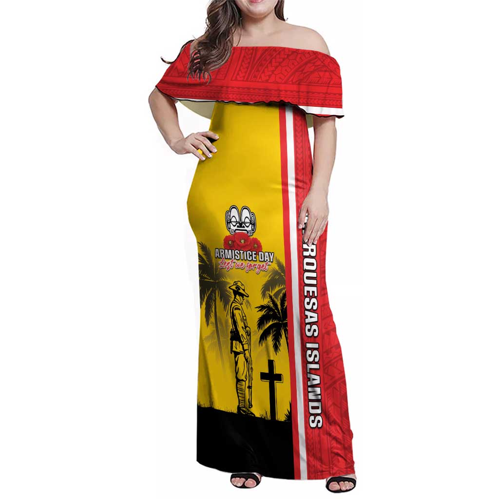 Marquesas Islands Armistice Day Family Matching Off Shoulder Maxi Dress and Hawaiian Shirt Lest We Forget Flag Style