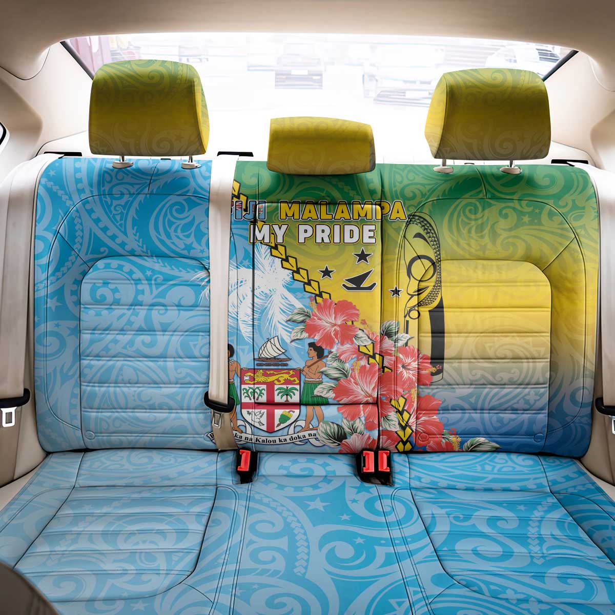 Malampa Fiji Day Back Car Seat Cover Tribal Pattern With Tropical Flowers - Polynesian Pride