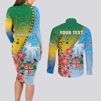 Personalised Malampa Fiji Day Couples Matching Long Sleeve Bodycon Dress and Long Sleeve Button Shirt Tribal Pattern With Tropical Flowers - Polynesian Pride