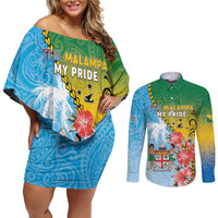 Personalised Malampa Fiji Day Couples Matching Off Shoulder Short Dress and Long Sleeve Button Shirt Tribal Pattern With Tropical Flowers - Polynesian Pride