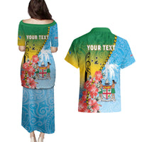 Personalised Malampa Fiji Day Couples Matching Puletasi and Hawaiian Shirt Tribal Pattern With Tropical Flowers - Polynesian Pride