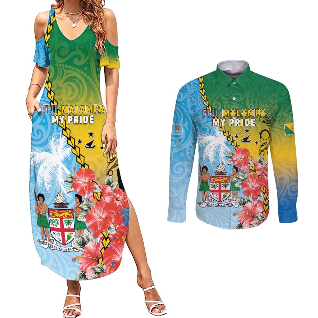 Personalised Malampa Fiji Day Couples Matching Summer Maxi Dress and Long Sleeve Button Shirt Tribal Pattern With Tropical Flowers - Polynesian Pride