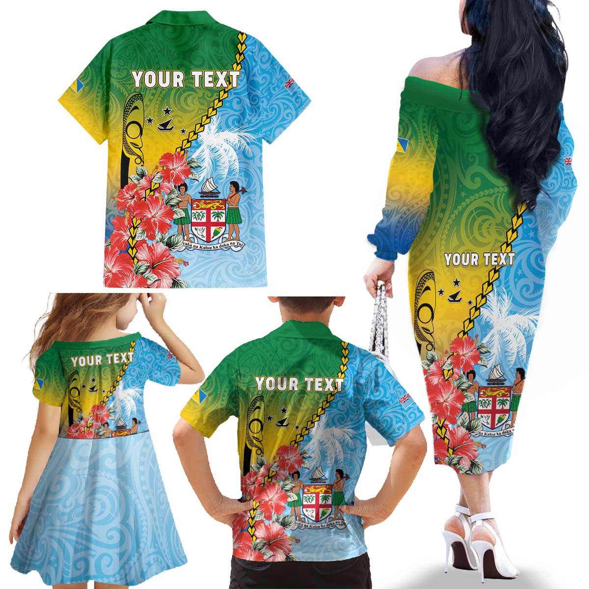 Personalised Malampa Fiji Day Family Matching Off The Shoulder Long Sleeve Dress and Hawaiian Shirt Tribal Pattern With Tropical Flowers - Polynesian Pride