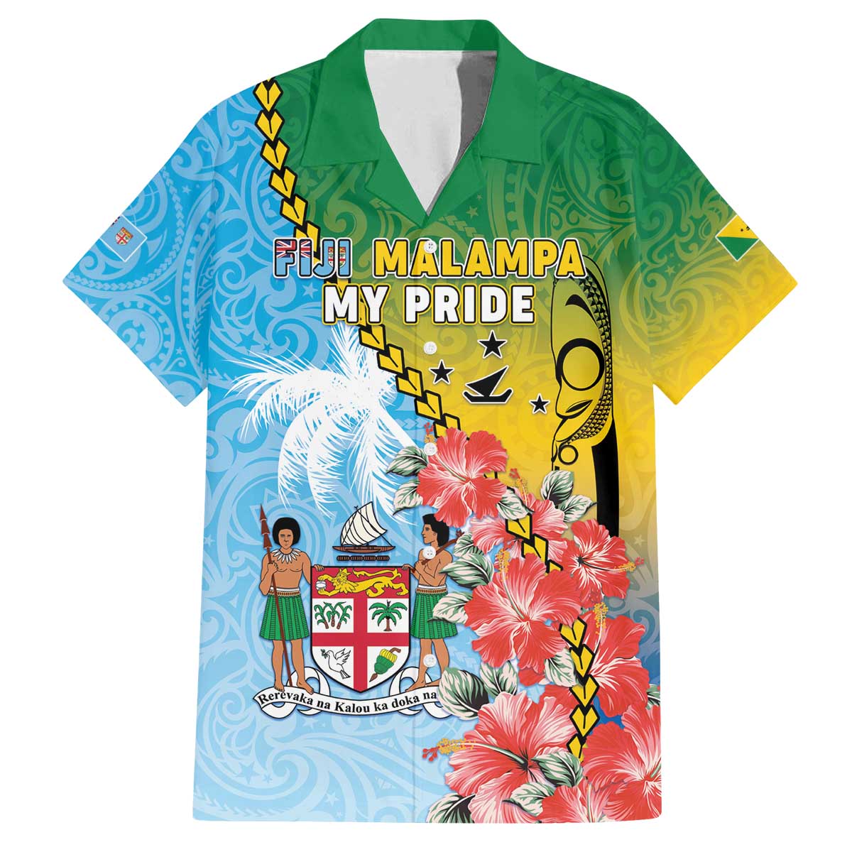 Personalised Malampa Fiji Day Family Matching Off The Shoulder Long Sleeve Dress and Hawaiian Shirt Tribal Pattern With Tropical Flowers - Polynesian Pride