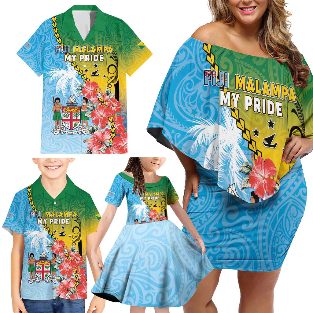 Personalised Malampa Fiji Day Family Matching Off Shoulder Short Dress and Hawaiian Shirt Tribal Pattern With Tropical Flowers - Polynesian Pride