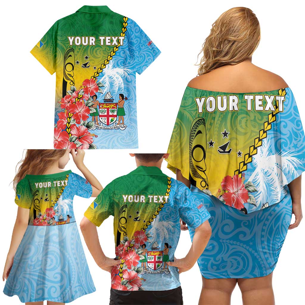 Personalised Malampa Fiji Day Family Matching Off Shoulder Short Dress and Hawaiian Shirt Tribal Pattern With Tropical Flowers - Polynesian Pride