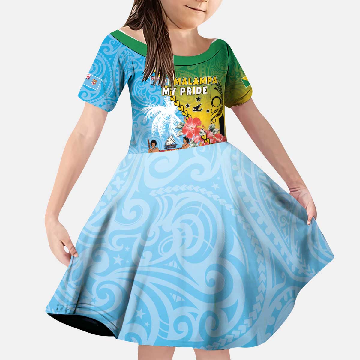 Personalised Malampa Fiji Day Kid Short Sleeve Dress Tribal Pattern With Tropical Flowers - Polynesian Pride