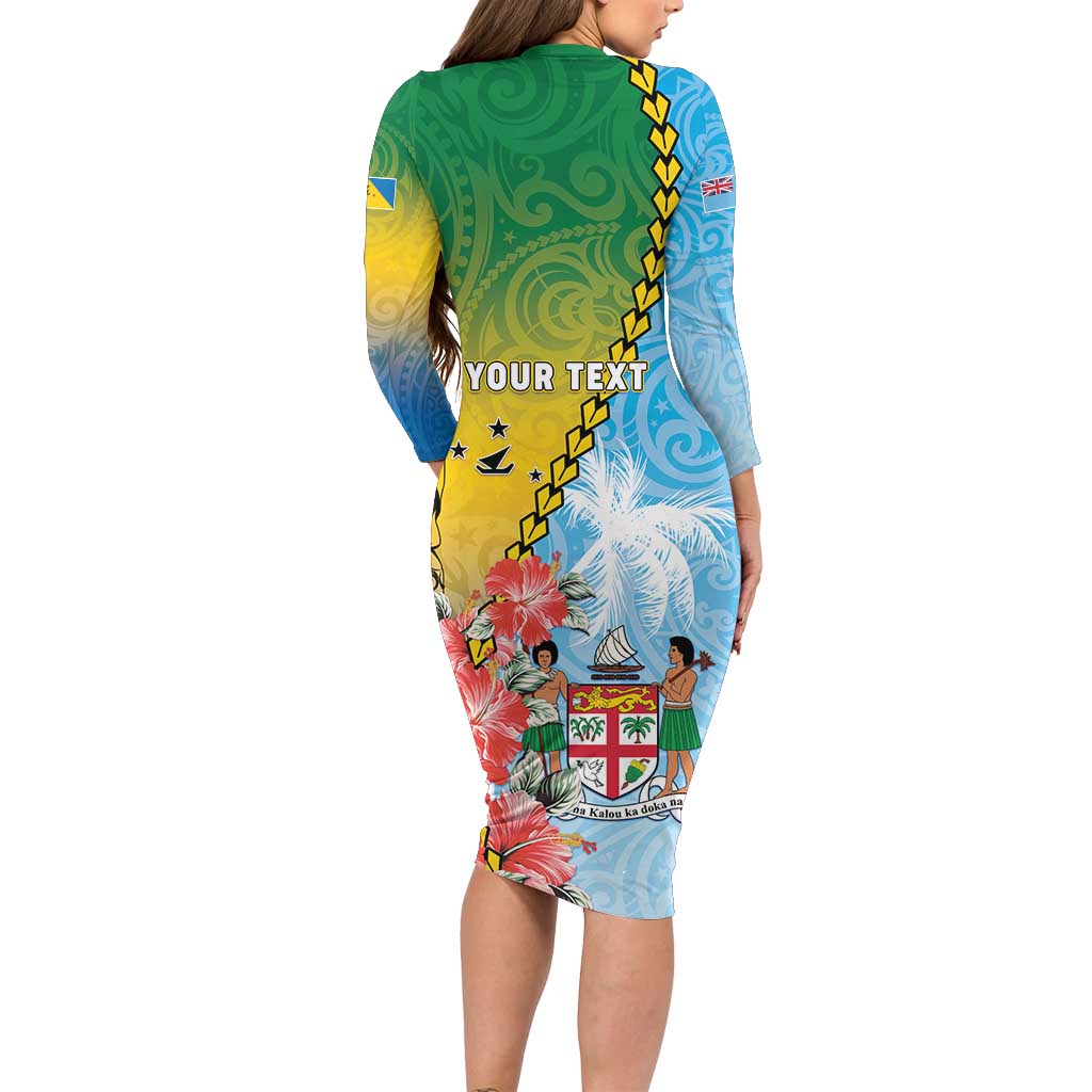 Personalised Malampa Fiji Day Long Sleeve Bodycon Dress Tribal Pattern With Tropical Flowers - Polynesian Pride