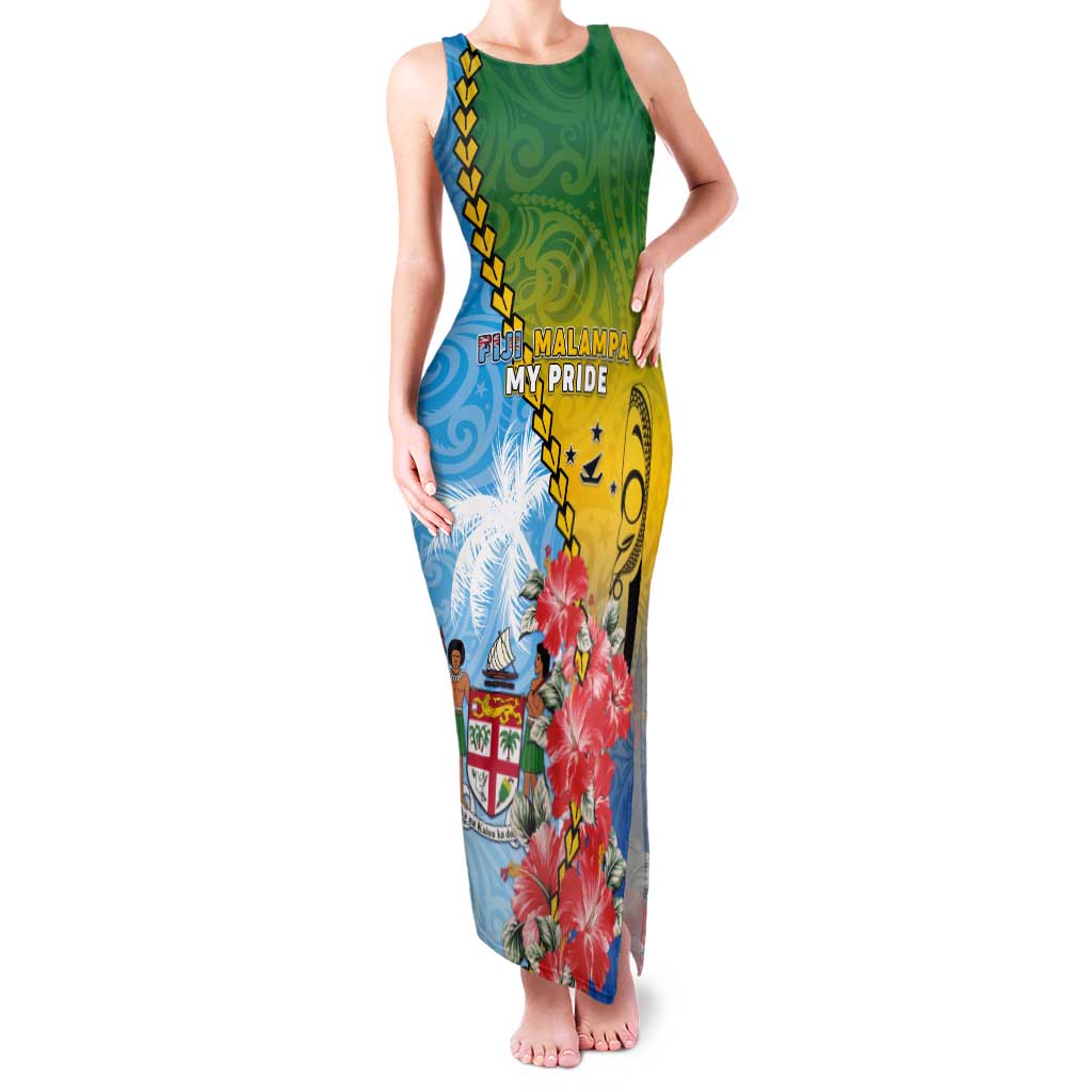 Personalised Malampa Fiji Day Tank Maxi Dress Tribal Pattern With Tropical Flowers - Polynesian Pride