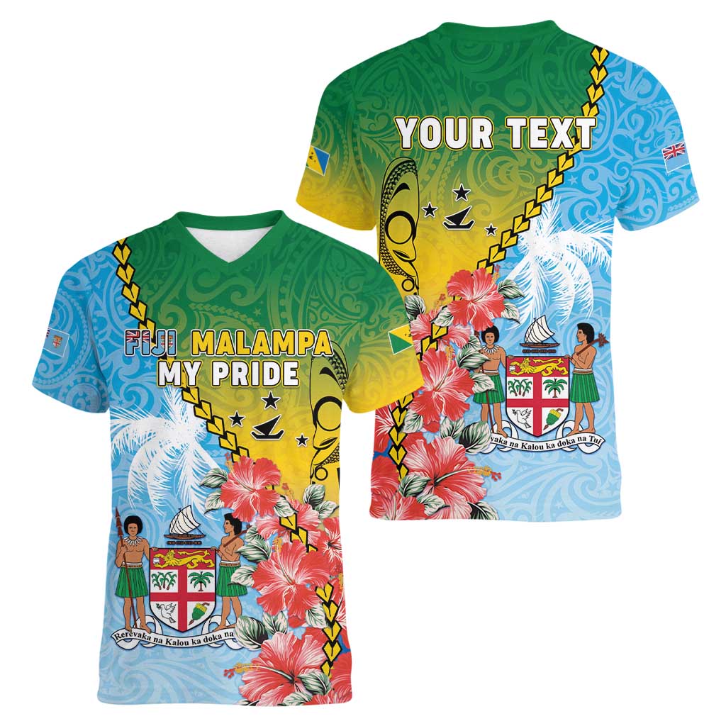 Personalised Malampa Fiji Day Women V-Neck T-Shirt Tribal Pattern With Tropical Flowers - Polynesian Pride
