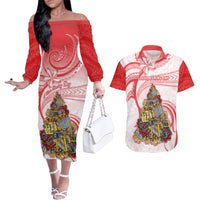 Personalized Happy Boxing Day Couples Matching Off The Shoulder Long Sleeve Dress and Hawaiian Shirt Polynesian Gift Boxes Christmas Tree LT05 Red - Polynesian Pride