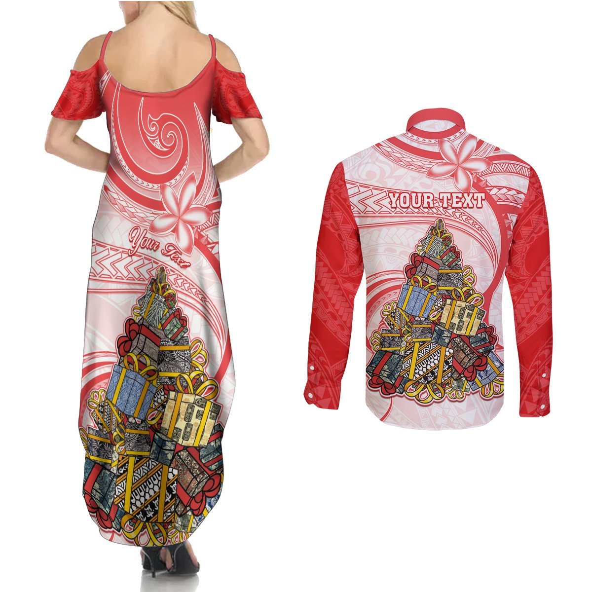 Personalized Happy Boxing Day Couples Matching Summer Maxi Dress and Long Sleeve Button Shirts Polynesian Gift Boxes Christmas Tree LT05 - Polynesian Pride