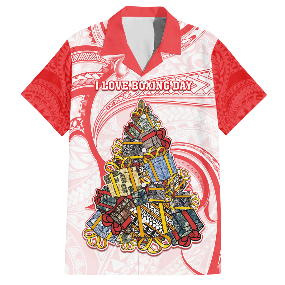 Personalized Happy Boxing Day Family Matching Short Sleeve Bodycon Dress and Hawaiian Shirt Polynesian Gift Boxes Christmas Tree LT05 Dad's Shirt - Short Sleeve Red - Polynesian Pride