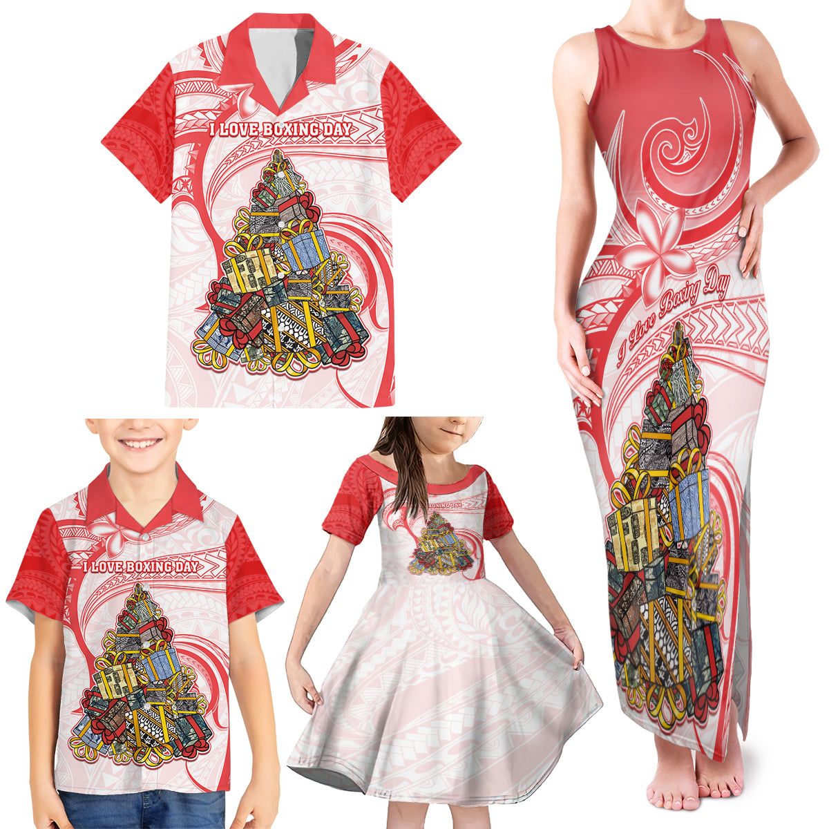 Personalized Happy Boxing Day Family Matching Tank Maxi Dress and Hawaiian Shirt Polynesian Gift Boxes Christmas Tree LT05 - Polynesian Pride