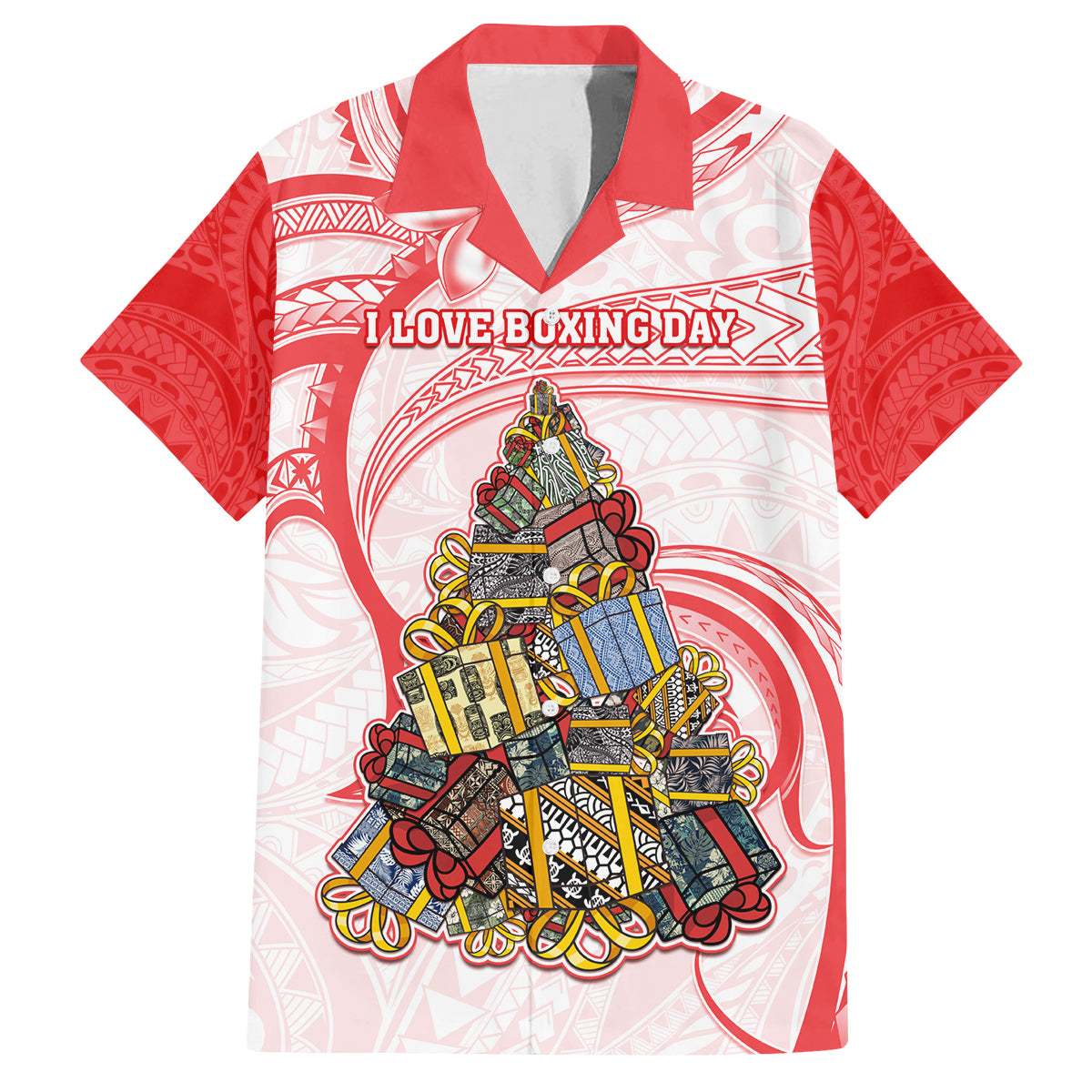 Personalized Happy Boxing Day Family Matching Tank Maxi Dress and Hawaiian Shirt Polynesian Gift Boxes Christmas Tree LT05 Dad's Shirt - Short Sleeve Red - Polynesian Pride