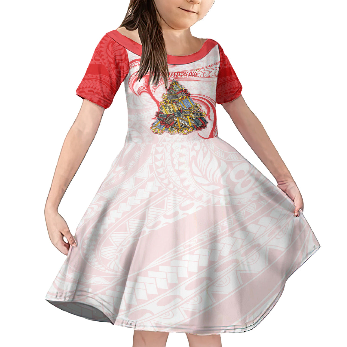 Personalized Happy Boxing Day Kid Short Sleeve Dress Polynesian Gift Boxes Christmas Tree LT05 KID Red - Polynesian Pride