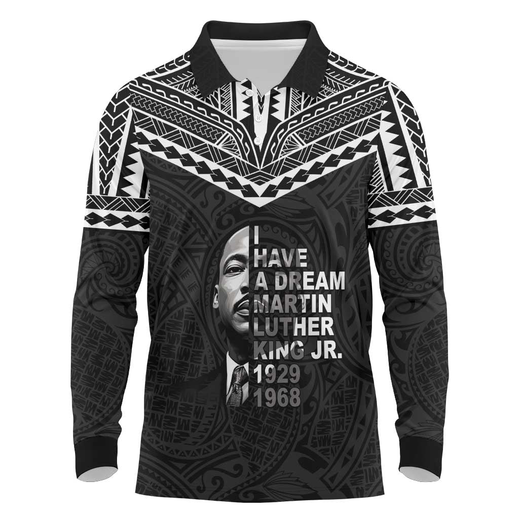 American Samoa MLK Day Long Sleeve Polo Shirt Polynesian Style LT05 Black - Polynesian Pride