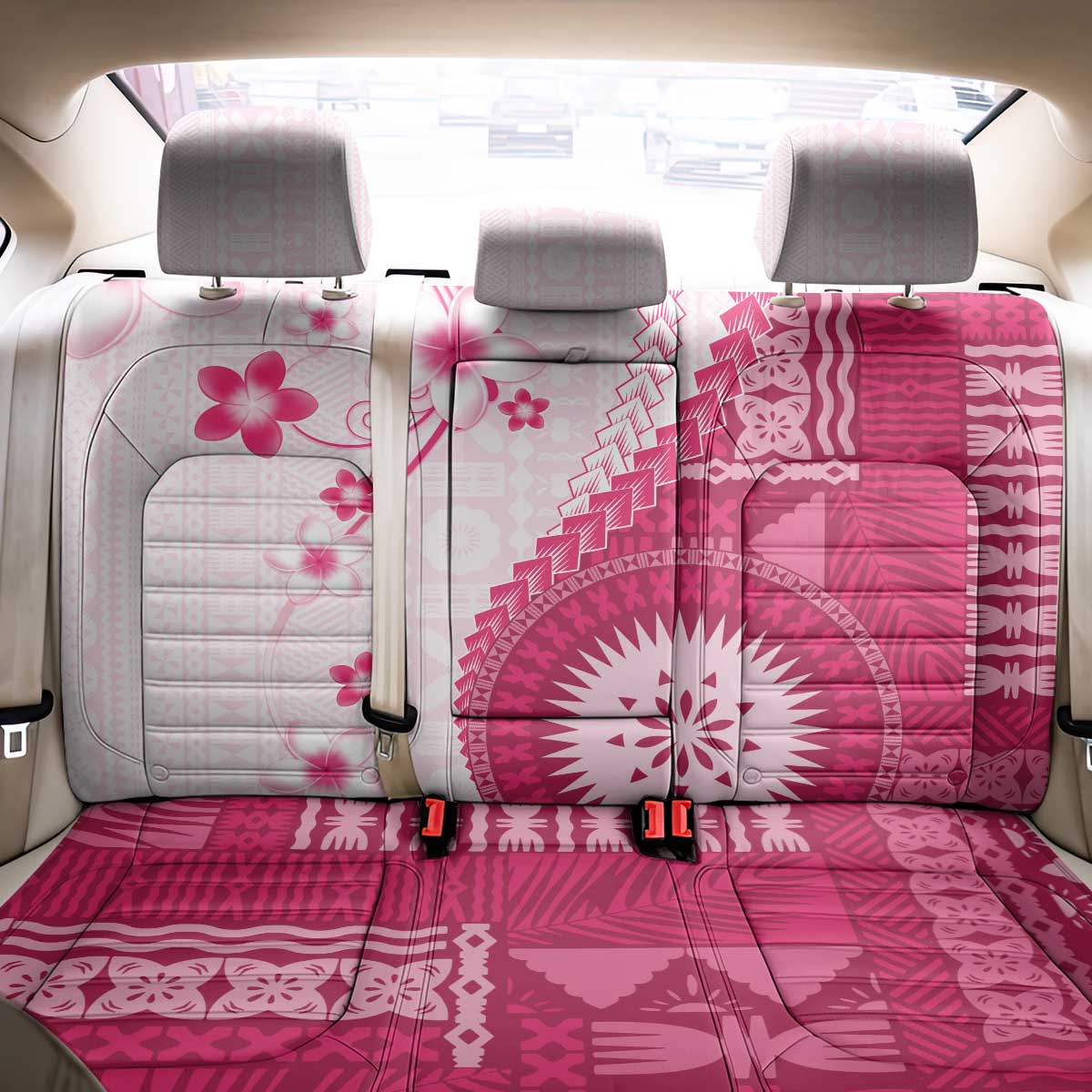 Bula Fiji Back Car Seat Cover Pink Plumeria Masi Tapa Pattern - Polynesian Pride