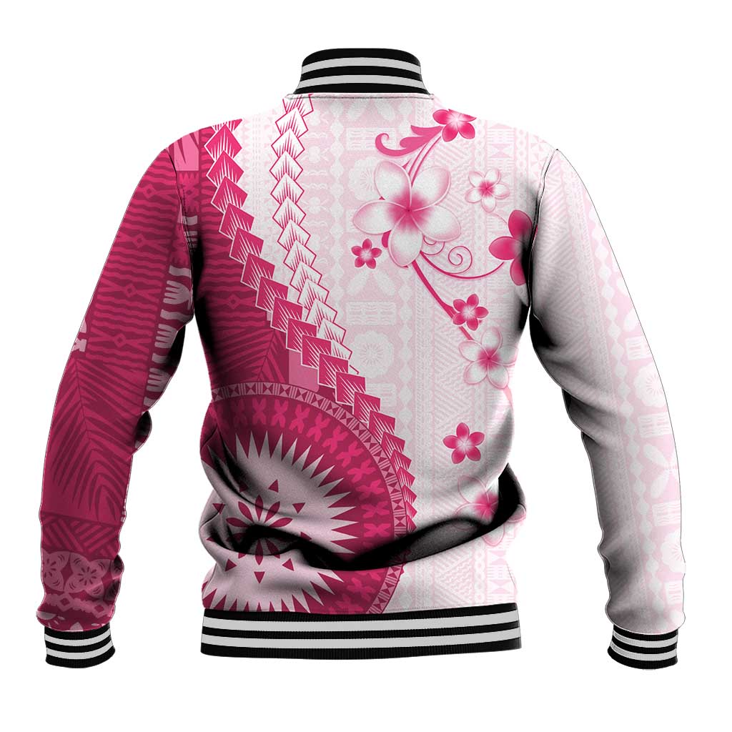 Bula Fiji Baseball Jacket Pink Plumeria Masi Tapa Pattern - Polynesian Pride
