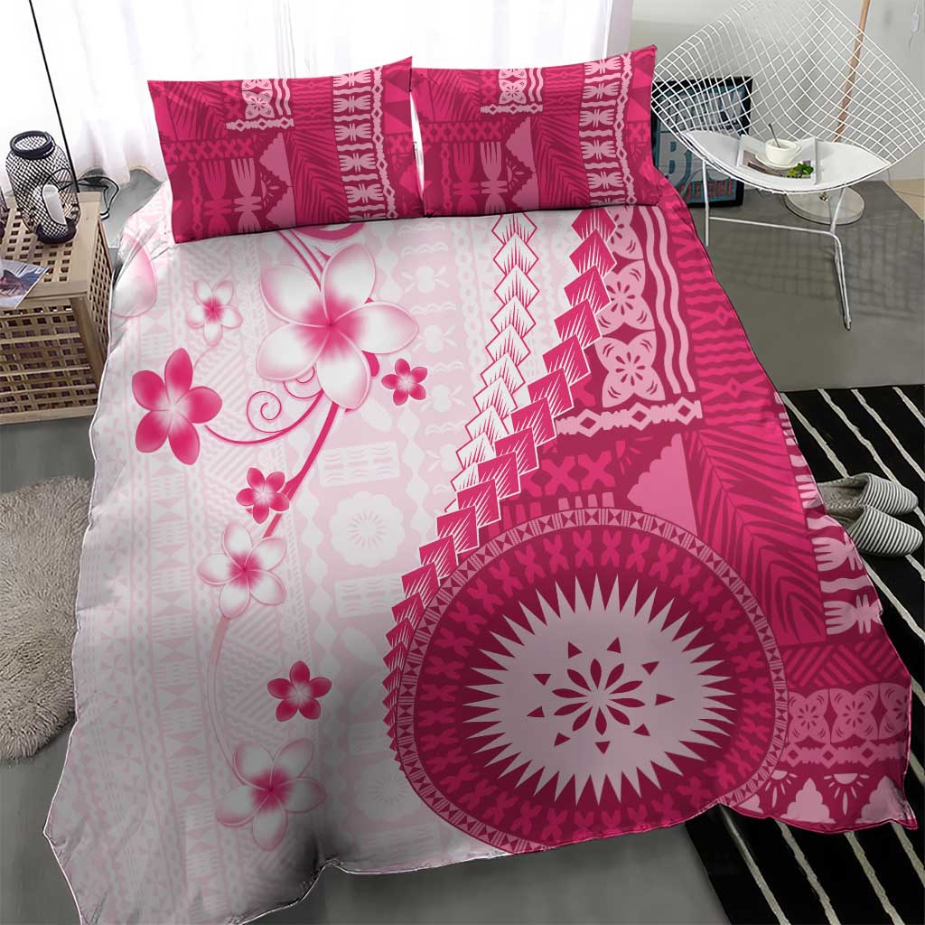 Bula Fiji Bedding Set Pink Plumeria Masi Tapa Pattern - Polynesian Pride