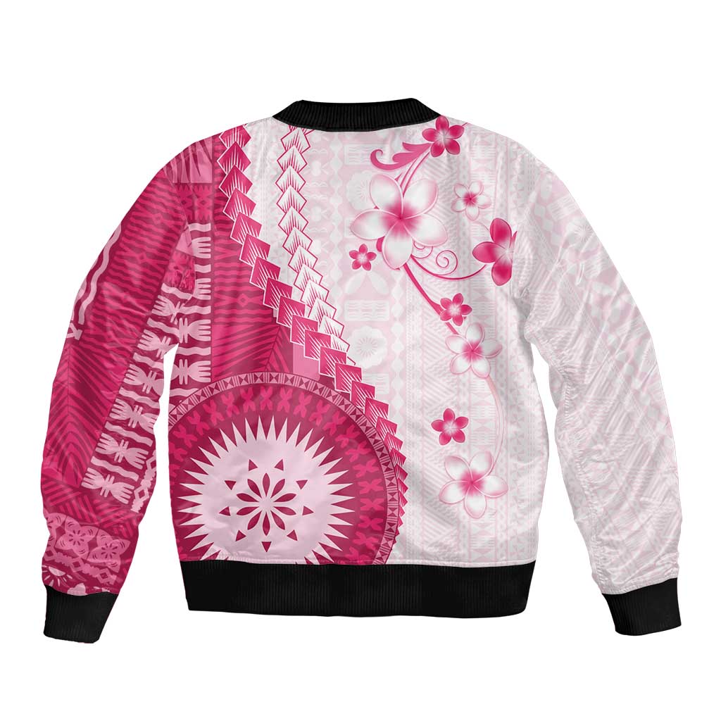 Bula Fiji Bomber Jacket Pink Plumeria Masi Tapa Pattern - Polynesian Pride