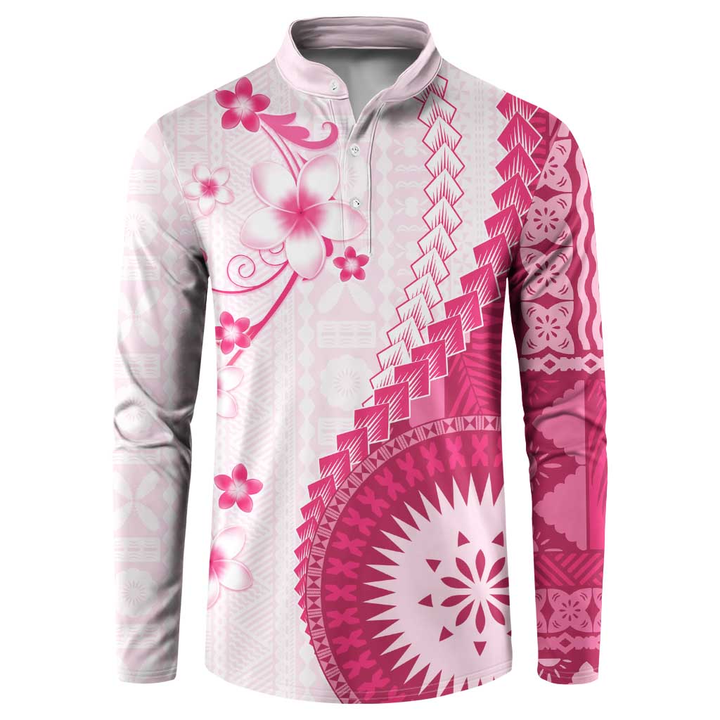 Bula Fiji Button Sweatshirt Pink Plumeria Masi Tapa Pattern - Polynesian Pride