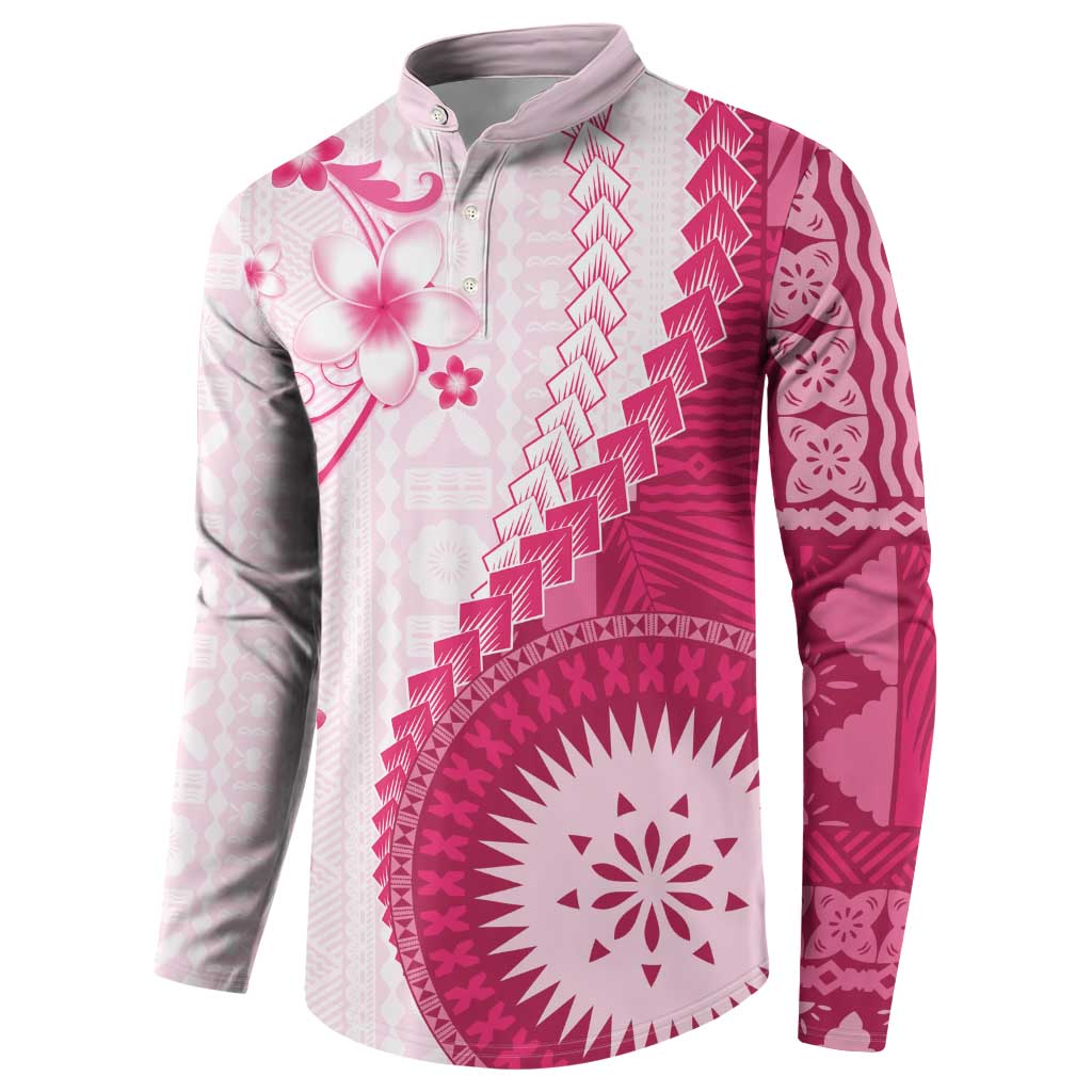 Bula Fiji Button Sweatshirt Pink Plumeria Masi Tapa Pattern - Polynesian Pride