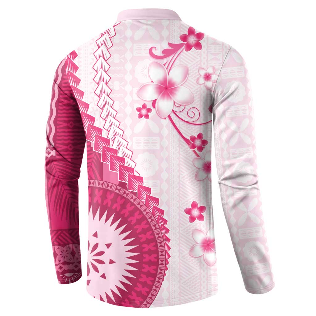 Bula Fiji Button Sweatshirt Pink Plumeria Masi Tapa Pattern - Polynesian Pride