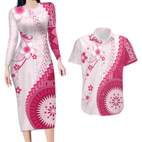 Bula Fiji Couples Matching Long Sleeve Bodycon Dress and Hawaiian Shirt Pink Plumeria Masi Tapa Pattern - Polynesian Pride