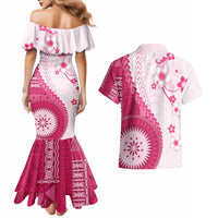 Bula Fiji Couples Matching Mermaid Dress and Hawaiian Shirt Pink Plumeria Masi Tapa Pattern - Polynesian Pride